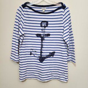 Hatley striped boat neck anchor print 3/4 sleeve shirt woman's size large